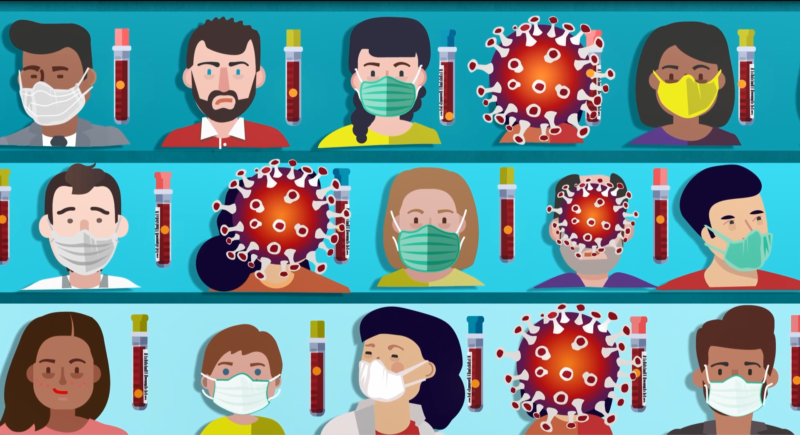 Cartoon images of people wearing masks and the coronavirus